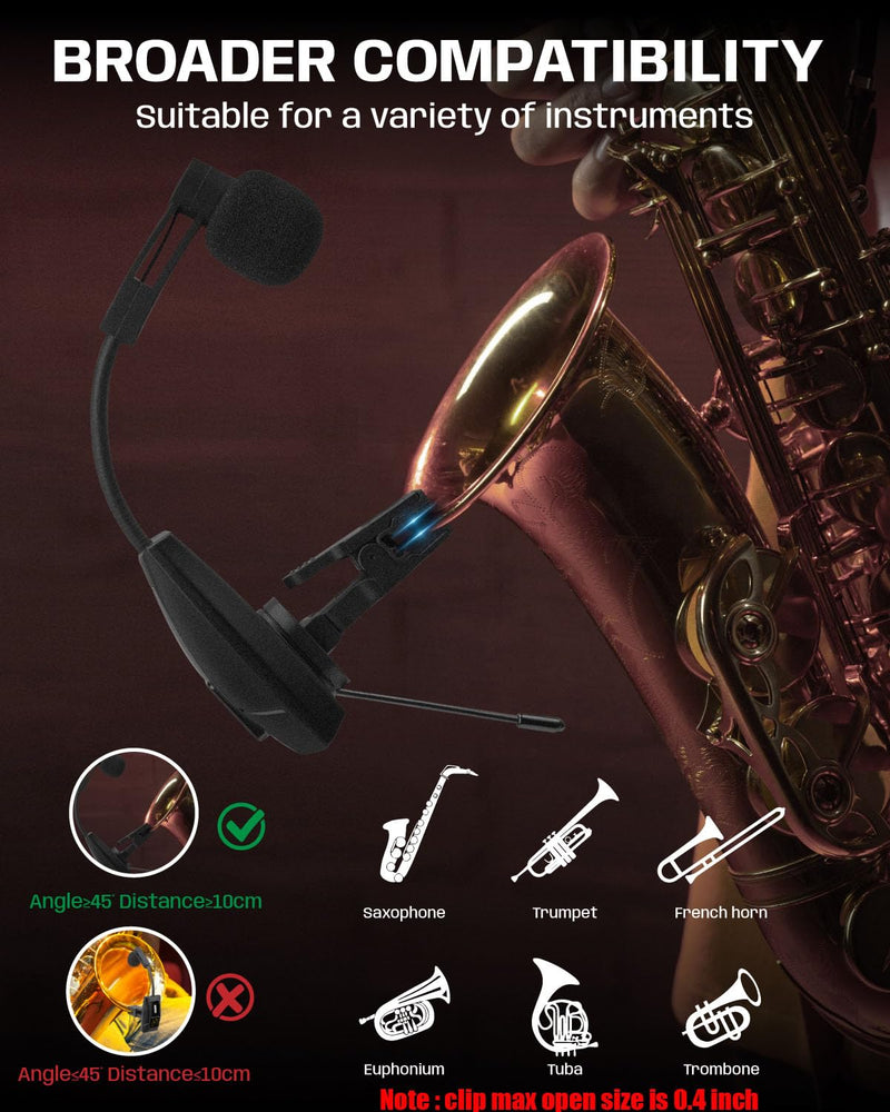[AUSTRALIA] - Saxophone Microphone, UHF Rechargeable Wireless Instruments Microphone System with Transmitter and Receiver 196ft Range, Clip on Condenser Mic for Trumpet, Trombone, Saxofon, Most Brass Instruments U-720 Saxophone Microphone 