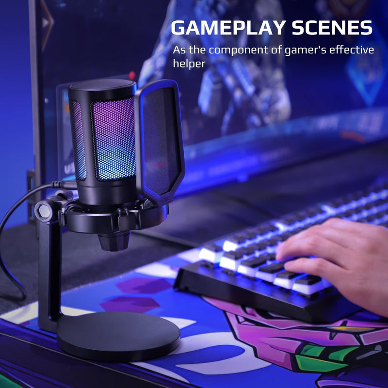 AmpliGame Fifine USB Microphone for PC Gaming, Computer Desktop Streaming Microphone with Mute Button, Gain Knob for Video Podcast, RGB Mic for PS4/PS5, Laptop A6NEO