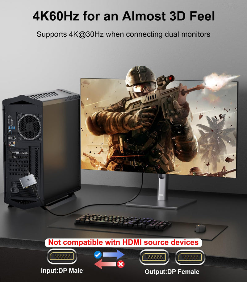 DisplayPort to Dual DisplayPort Splitter (4K@60Hz) Display Port 1 in 2 Out Adapter for Dual Monitor Extend Display, MST DP to 2 DP Adapter for PC, Graphics Card