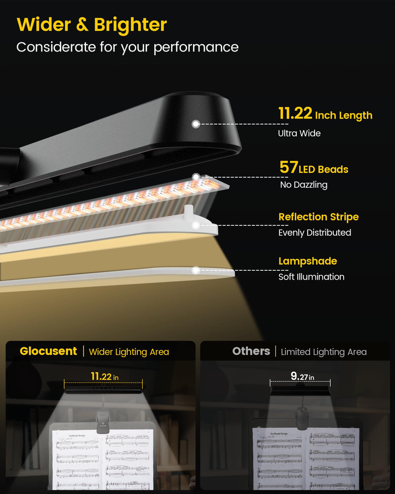 Glocusent 57 LED Super Bright Music Stand Light, Eye Caring Clip-on Piano Light, 3 Color & 5 Brightness, USB-C Rechargeable, Long Lasting up to 140 Hrs, Perfect for The Piano, Sheet Music Black