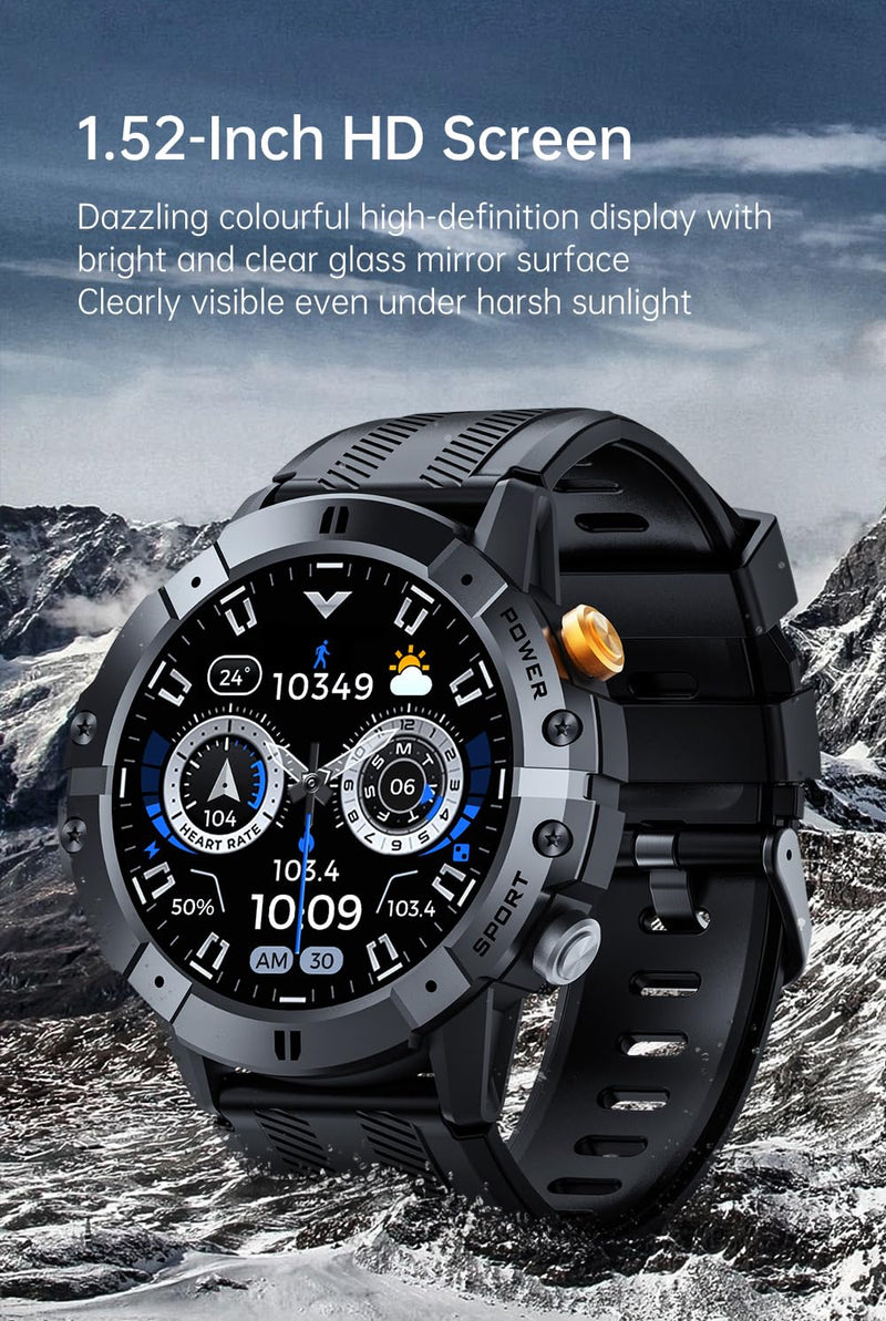 Gravity C29 Rugged Smart Watch, 1.52-Inch HD Display, 100+ Sports Modes, 7-10 Days Battery Life, AI Voice Assistant, 1 ATM Waterproof, Heart Rate & Sleep Monitoring, Shockproof (Black)