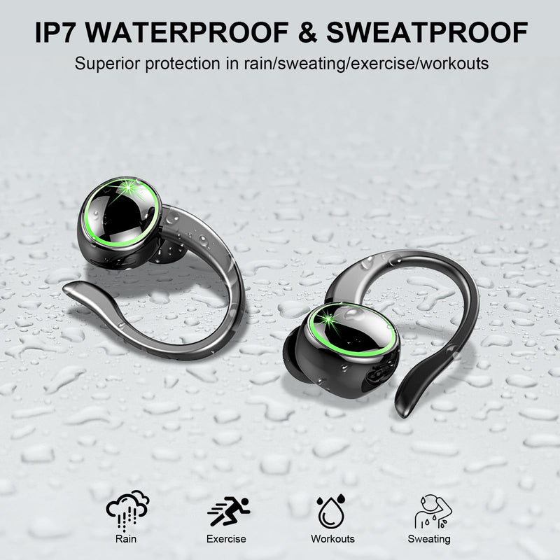 Wireless Earbuds Sports, Bluetooth 5.4 Headphones Hifi Stereo, IP7 Waterproof, Over Ear Buds with 50H Playback, Earhooks Design, ENC Noise Cancelling Mic, Fitness Headset for Gym Running Workout Dark Black