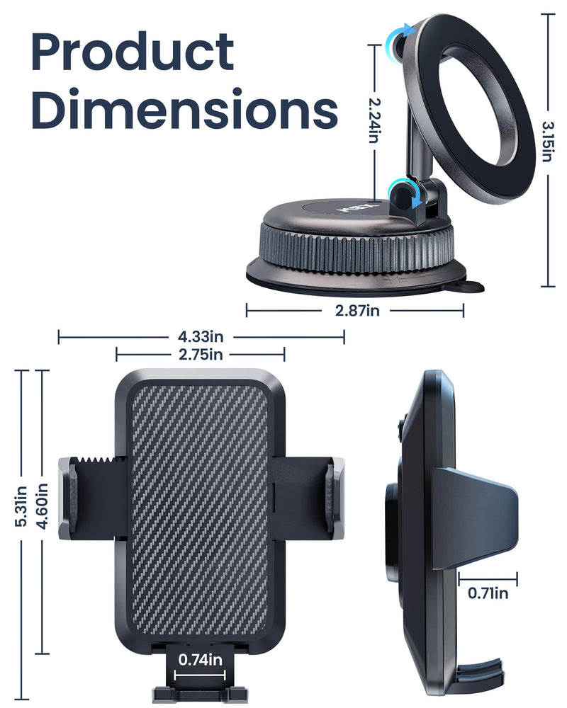 Car Phone Mount with Magnetic Clip for Magsafe & Android Cell Phone | 90lbs Suction Cup| Snap for iPhone Clip for Samsung| Thick Case swap freely| No Ring Adapter Needed| Dashboard Windshield Black