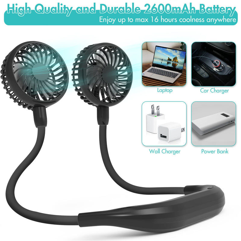 Portable Neck Fan, 2600mAh Battery Operated Ultra Quiet Hands Free USB Fan with Strong Wind, 360° Adjustable High Flexibility Wearable Personal Fan for Home Office Outdoor Travel (Dark Blue) Black