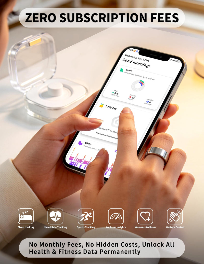 Smart Ring for Women Men Fitness Tracker Heart Rate Sleep Trends 128 Sports Modes Gesture Control Cycle Tracking IP68 Waterproof No Subscription Compatible with iPhone Android (Silver, Size 9)