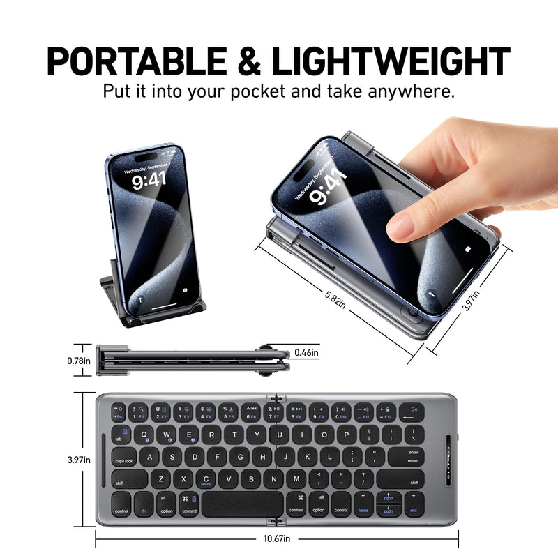 Foldable Bluetooth Keyboard with Stand Holder, Folding Keyboard Bluetooth Phone Keyboard, Rechargeable Ultra Slim Bluetooth Travel Keyboard for iOS, Android, Fit Phone Pad Tablet Laptop, B088