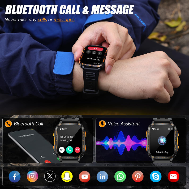 Military Smart Watch for Men with Call/LED Flashlight 1.96" Big Screen | 3ATM Waterproof Rugged Tactical Smartwatch with 100+ Sports Modes, Fitness Tracker with HR/Sleep Monitor for iPhone Android