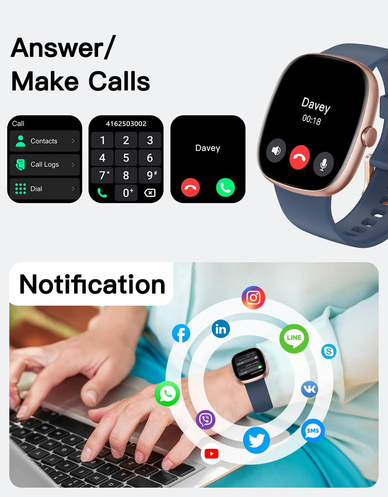 Fitness Tracker with Call Function, 1.85” Fitness Watch for Women and Men, 24/7 Heart Rate & Blood Oxygen Monitor, Sleep Tracker, 100+ Sport Modes, IP68 Waterproof (Blue)