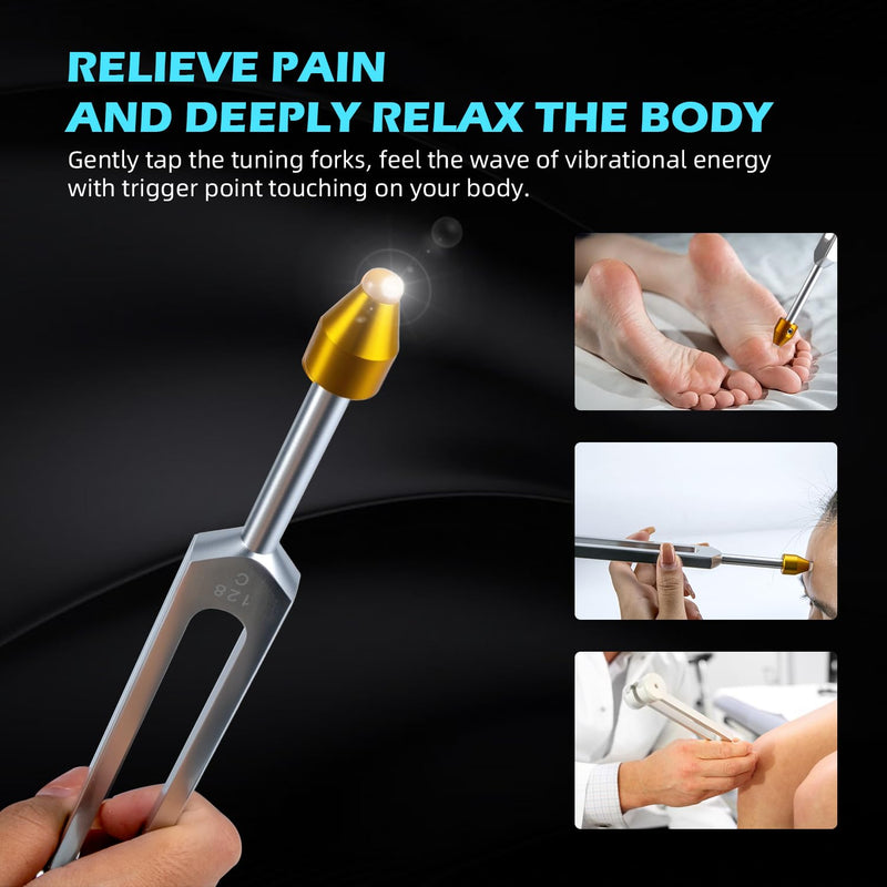 [AUSTRALIA] - Tuning Forks for Healing, Aluminum Alloy Tuning Fork 128Hz, 136.1Hz, 256Hz, 384Hz, Hockey Puck Activator & feet, Weighted & Unweighted Tuning Fork Set with Vegan Leather Pouch 4PCS Silver 