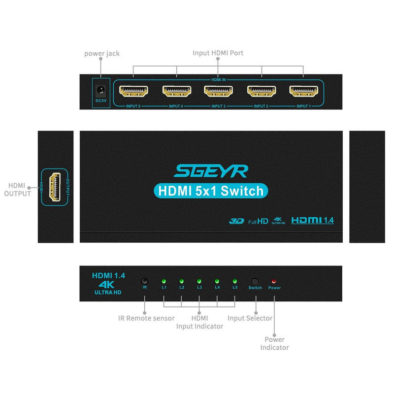 HDMI Switch SGEYR 5x1 HDMI Switcher 5 in 1 Out HDMI Switch Selector 5 Port Box with IR Remote Control HDMI 1.4 HDCP 1.4 Support 4K@30Hz Ultra HD 3D 2160P 1080P Blue