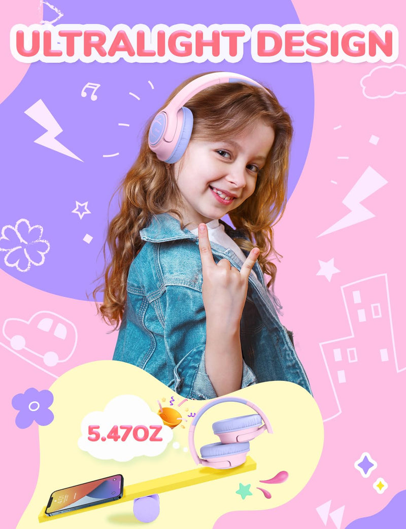 iClever Kids Headphones with Cord, 85dBA Safe Volume Wired Headphones for Kids, Stereo Sound Foldable Adjustable, 3.5mm Jack, Over Ear Kids Headphones for School/Boys/Girls/iPad/Tablet/Travel, Pink