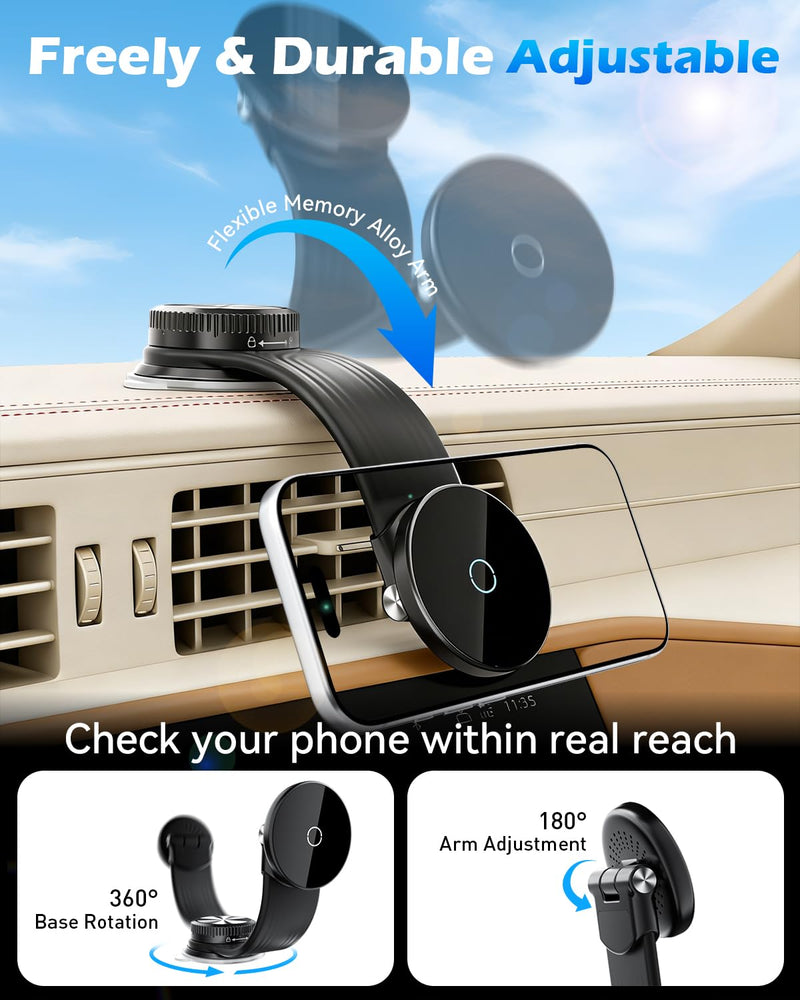 CloudValley Magnetic Car Mount with 15W Fast Charging, 360° Adjustable Bendable Aluminum Arm, Dashboard & Windshield Wireless Charger Phone Holder with Upgraded Silicone Adhesive Pad for iPhone Magnetic Wireless Car Charger
