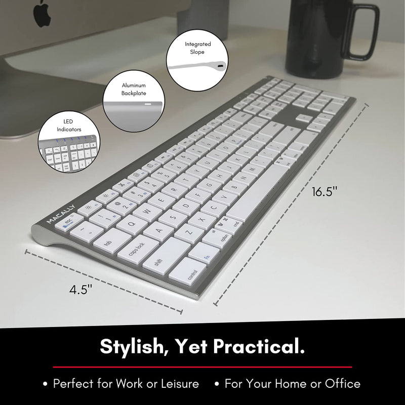 Macally Wireless Bluetooth Keyboard with Numeric Keypad - Multi Device Keyboard for Mac Pro/Mini, Apple iMac, MacBook, Laptop, Computer Windows PC. Android, Smartphones, Tablets (Aluminum Silver) Aluminum Silver