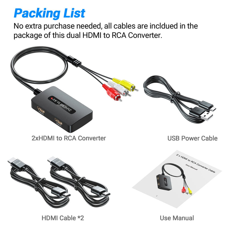 2 x HDMI to RCA Converter, Dual Port HDMI to AV Composite Converter for HD Devices to Display on Old TVs Dual HDMI to RCA