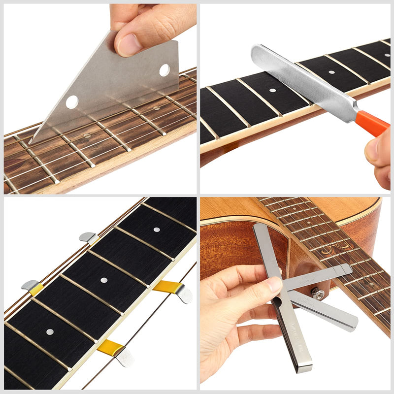 Guitar Luthier Tool Set, Guitar Fret Crowning File, Fret Leveling Beam, String Action Ruler Gauge, Feeler Gauge, Fret Rocker, Fingerboard Guards, String Spreaders and Replacement Sanding Papers Guitar Repairing Maintenance Tool Kit