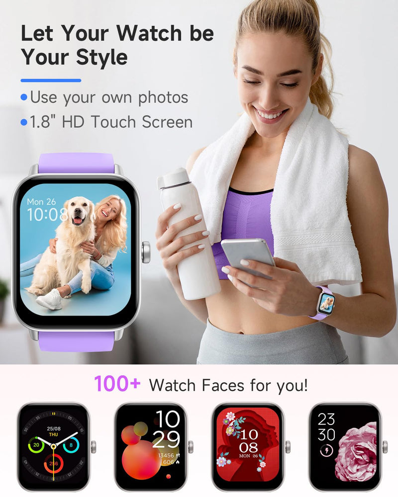 TOOBUR Smart Watch for Women Alexa Built-in, 1.8" Compatible Android iOS, Answer&Make Call/Step Counter/Sleep Tracker/100 Sports/Heart Rate, Fitness Tracker Watch IP68 Waterproof Swimming Purple