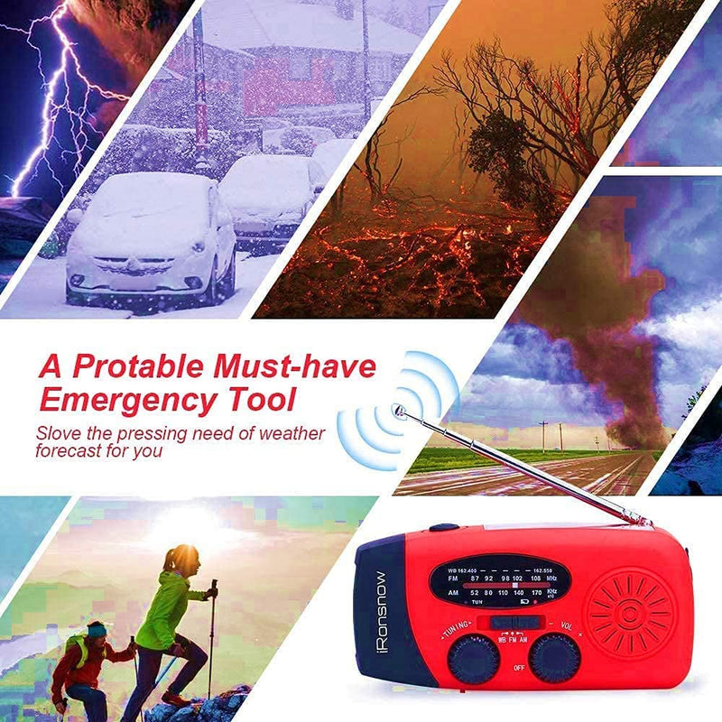Solar Emergency Hand Crank Weather Radio, Portable Self Powered NOAA AM/FM Radios with SOS Alarm LED Flashlight 2000mAh Power Bank Smart Phone USB Charger for Camping (Red) IR088 Red