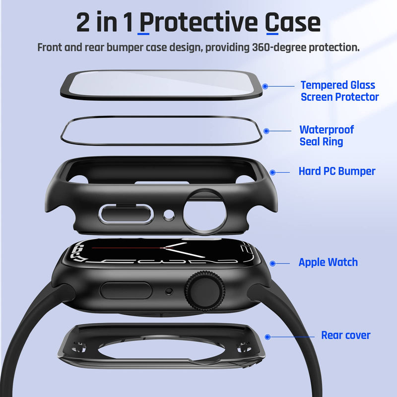 Goton 2 in 1 Waterproof Case for Apple Watch Series 9 8 7 Screen Protector 45mm, 360 Protective Glass Face Cover Hard PC Bumper + Back Frame for iWatch Accessories 45 mm, Black