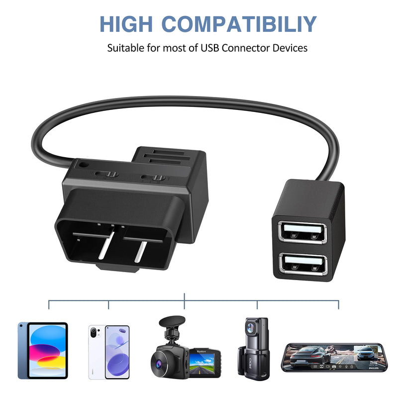 OBD Constant Power Cable for Dash Camera,Compatible with Garmin Dash Cam,OBDII Adapter Cable with Dual USB Interfaces,24 Hours Surveillance/Acc Mode with Low Voltage Protection 11.6-36V to 5V 3A OBD Constant Power Cable