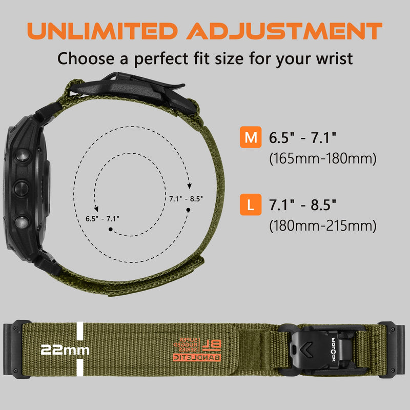 Bandletic 20mm Quick Fit Nylon Band Compatible with Garmin Watch | Rugged Nylon Strap with Magnetic Fidlock V-Buckle for Fenix 8 43mm//7s/6S Pro/5S Plus/Instinct 2s E 40mm/Approach S70 42mm Army Green Large (7.1"-8.5")