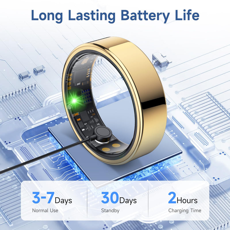 Smart Ring for Women Men, Health Tracker, Fitness Ring (Gold, 8#) | Sleep Monitor, Heart Rate, Blood Oxygen Step Counter, IP68 Waterproof Fit Ring No Subscription, iOS & Android Compatible Gold 8#