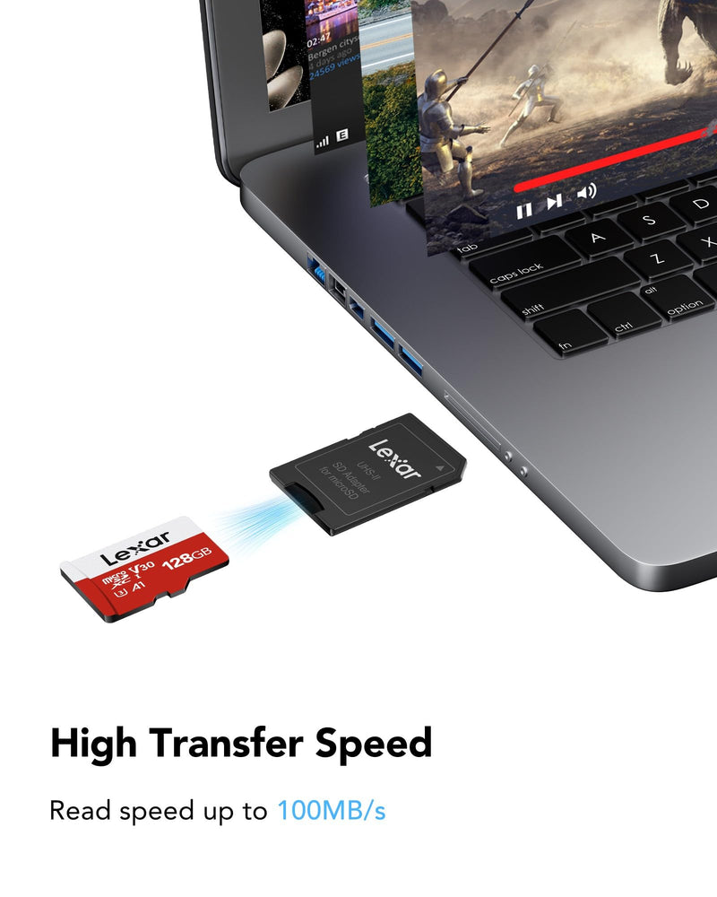 Lexar E-Series 128GB Micro SD Card 2 Pack, microSDXC UHS-I Flash Memory Card with Adapter, 100MB/s, C10, U3, A1, V30, Full HD, 4K UHD, High Speed TF Card 128GB x2