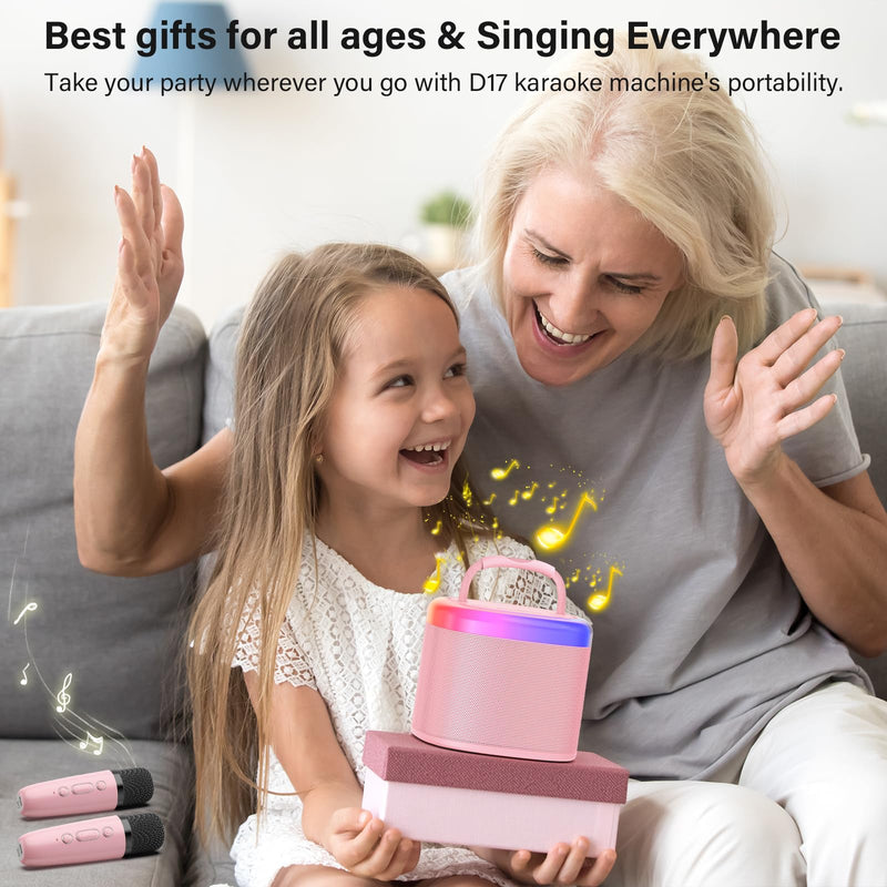 JYX Mini Karaoke Machine for Kids, Portable Bluetooth Karaoke Speaker Unpowered Cabinets with 1 Wireless Microphones and Party Lights and Adults, Birthday Gifts for Girls Boys Family Home Party(Pink) Pink-2Mic