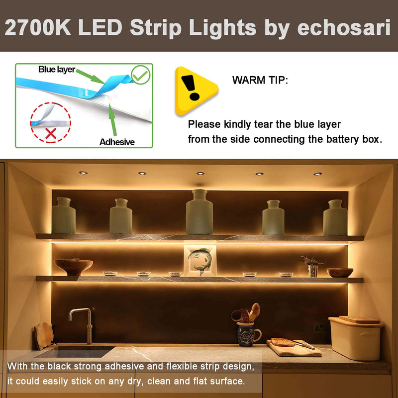 [AUSTRALIA] - echosari Battery Powered Led Strip Lights with Remote Warm White, 8 Modes, Dimmable, Timer, Self-Adhesive, Cuttable, Waterproof, 9.8FT 90Led Strip Lights for TV Kitchen Cupboard Bedroom Decor 