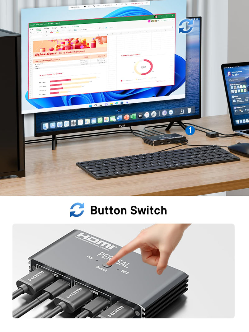 USB KVM Switch, KVM Switch 1 Monitors 2 Computers, HDMI Switch, 4K@60Hz KVM Switches for 2 Computers Sharing 1 Monitor, 4 USB Devices Such as Keyboard, Mouse, Printer, Scanner Black