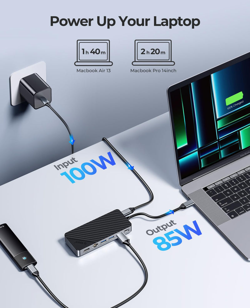 ORICO USB-C Hub with M.2 SSD Enclosure, 8-in-1 USB C Docking Station Fits M.2 NVMe/SATA SSD, 10Gbps, 4K@60Hz HDMI, 100W PD, Ethernet - OM28PR with RJ45