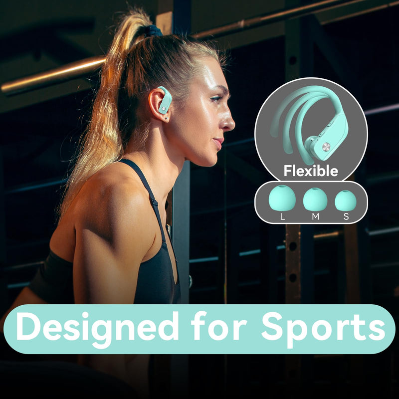 bmani Ear Buds Wireless Earbuds Bluetooth Headphones with 80H Playtime LED Display Case, Over-Ear Hook with Mic, Stereo Sound, Easy Button Controls, Sports Earphones for Running Workout Gym Mint Green Standard