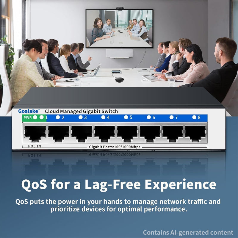 8 Port Gigabit Switch, Easy Smart Managed Ethernet Switch, Network Hub, Ethernet Splitter, Plug & Play, Fanless Metal Design, VLAN, Qos, Support PoE Powered, Desktop or Wall Mount PoE-in 8 Ports