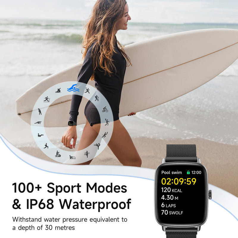 Smart Watch for Women, 1.85" HD Smartwatch Compatible iPhone/Samsung/Android (Answer/Make Calls), 100+ Sport Modes Fitness Tracker with Heart Rate/Sleep/SpO2 Monitor, IP68 Waterproof, Metal Band