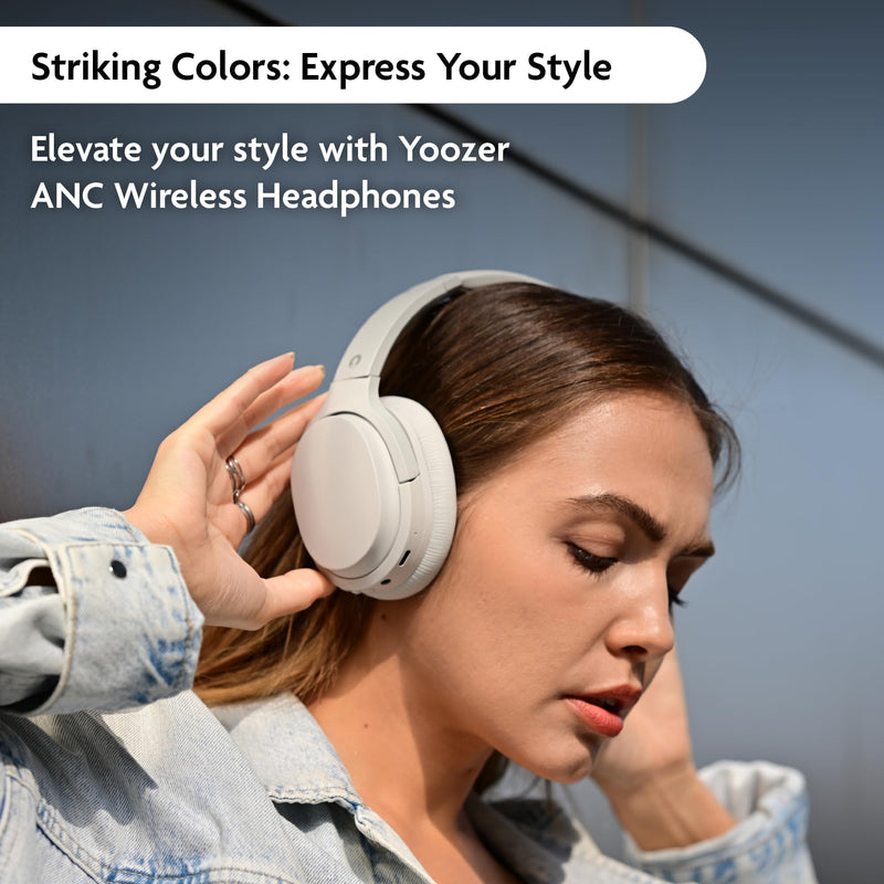 YOOZER Comfort -Premium LightweightWireless Headphones w/Active NoiseCancellation, Bluetooth 5.3, Microphone for CallsAux/Audio Cable Supported, Stereo EarphonesButtons on Headset, White