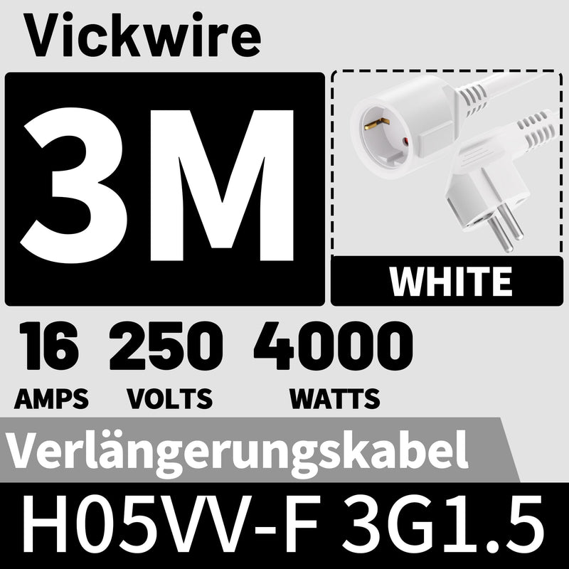 Vickwire H05VV-F 3G1.5 mm² Extension Cable 3 m Cable Extensions with Protective Contact Plug Schuko Extension 16 A/250 V White 3m