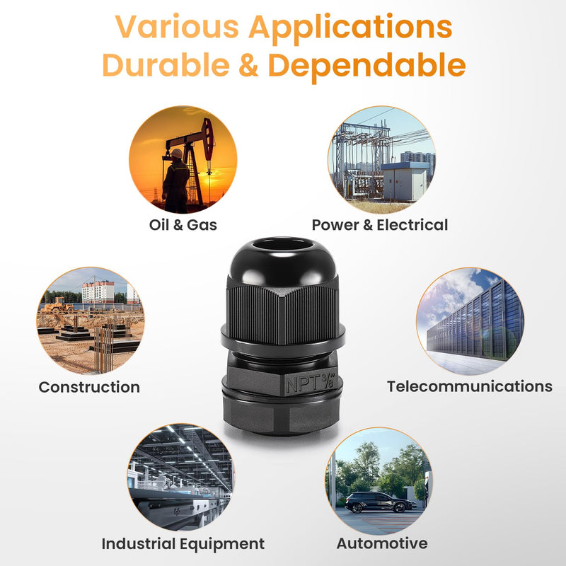 QILIPSU 50pcs 3/8" NPT Cable Gland Waterproof IP68 Nylon Cable Pass Through Cord Grip Connector Strain Relief Wire Grommet 3/8" NPT 50pcs
