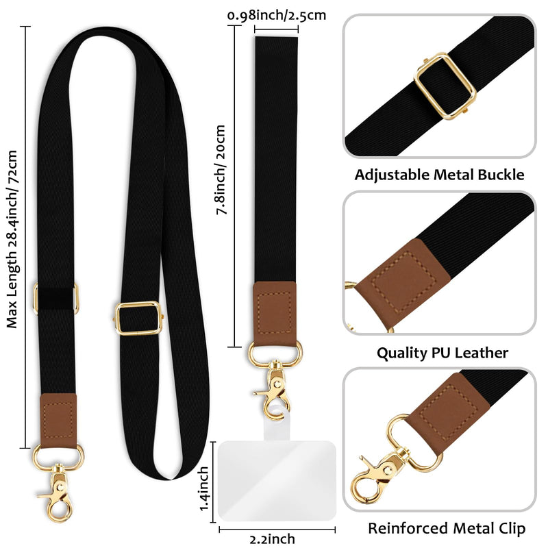 Phone Lanyard Crossbody Wrist Strap, Black Cell Phone Lanyards for Around The Neck Wristlet Shoulder, Adjustable Cute Phone Strap for Car Keys Keychain Wallet Phone Case ID Badge Solid Black