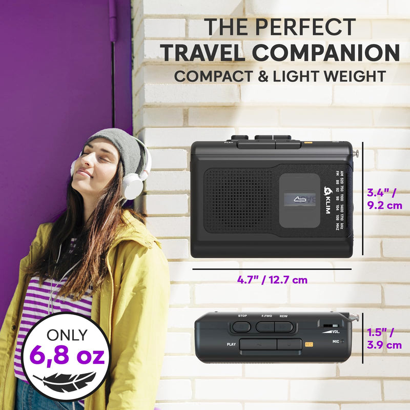 [AUSTRALIA] - KLIM K8 Cassette Tape Player Portable with F1 Headphones - Cassette Recorder - New Version - AM/FM Walkman - Built-in Microphone & Speaker - Headphone Jack & Earphones - Black Black Wih F1 
