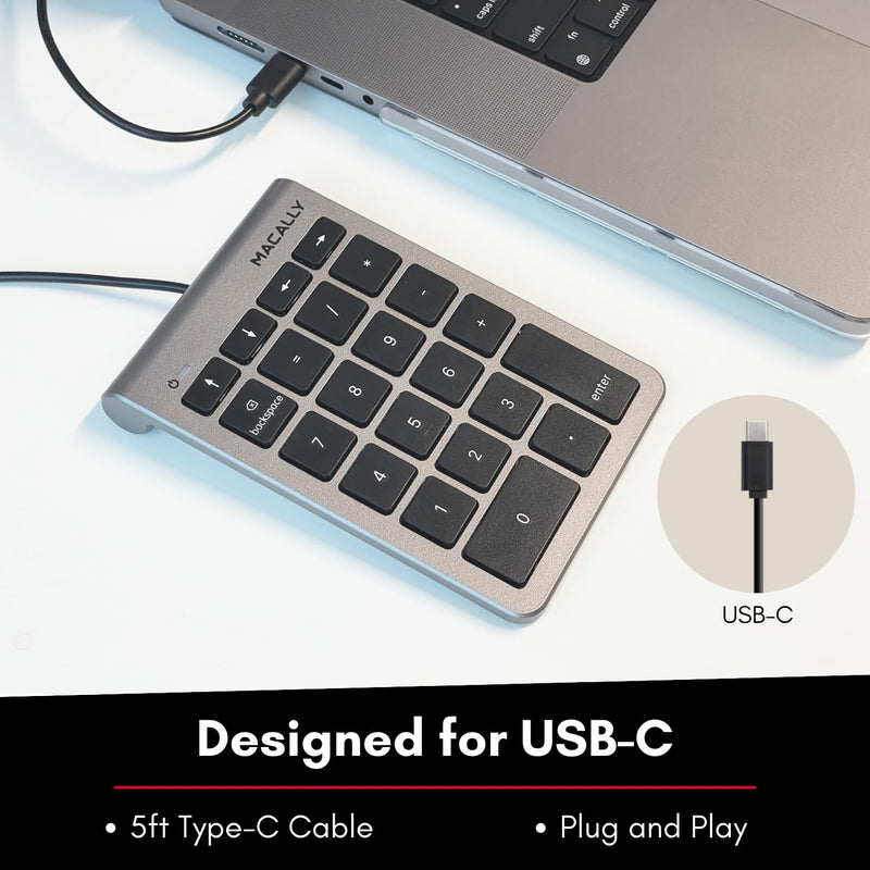 Macally Wired USB C Numeric Keypad for Mac - Work Better - Type C Number Pad for Macbook Pro/Air, iMac, and PC - USB C Wired Number Pad with 5ft Cable and Arrow Keys - 10 Key USB Keypad for Laptop Space Gray