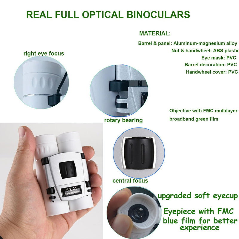 [AUSTRALIA] - 8x21 Compact Binoculars for Adults Teens, Mini Small Full Optical Binoculars for Bird Watching Opera Hiking Hunting Travel Concert (White) White 