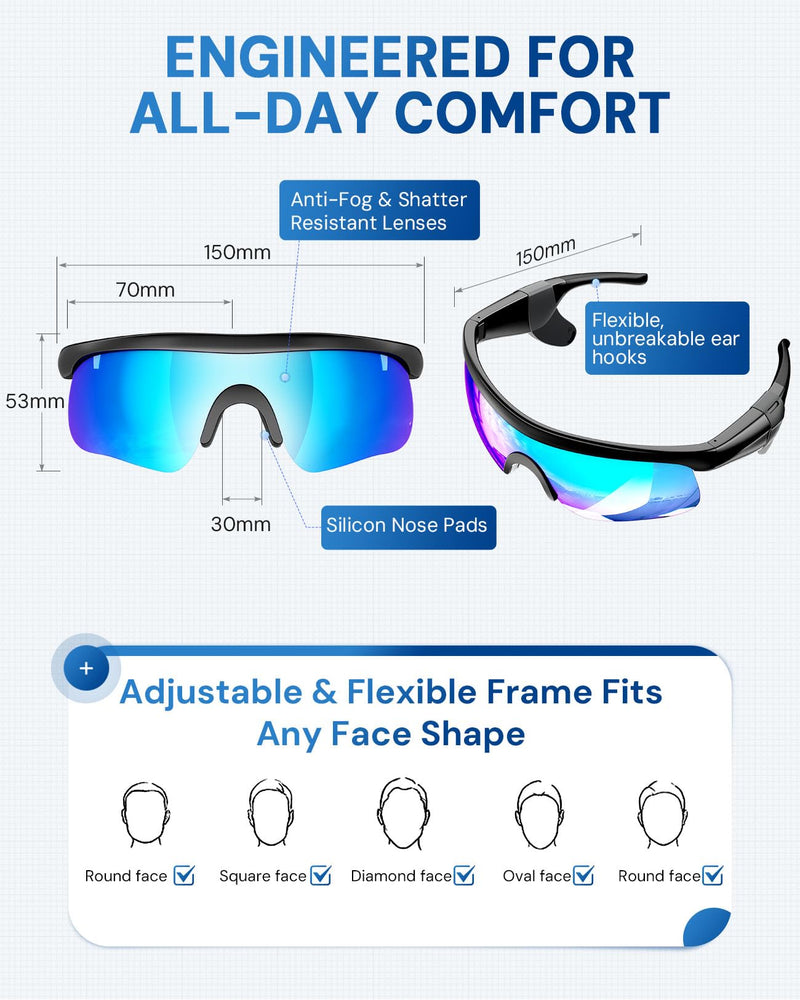 Bluetooth Audio Sunglasses: Polarized UV400 with Speakers | Polarized UV400 lenses with open-ear speakers and Bluetooth audio for driving, workouts and outdoor activities Blue