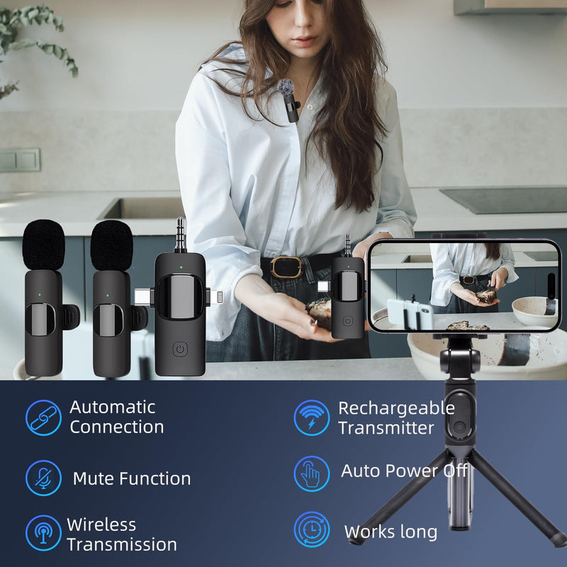 Wireless Lavalier Microphone 2 PC, Lapel Microphone for iPhone Android Camera Plug-Play，Professional Noise Reduction Recording Clip Mic for Creator Interview YouTube Interview TikTok Vlog