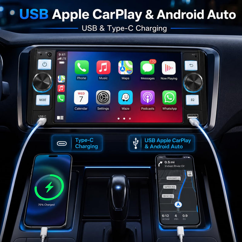 Single Din Car Stereo - Car Radio with Wireless Apple CarPlay Android Auto,HD Touchscreen Radio with Bluetooth 5.2，1080P Backup Camera, Mirror Link,GPS, FM, USB/Type-C Fast Charging, EQ, SWC
