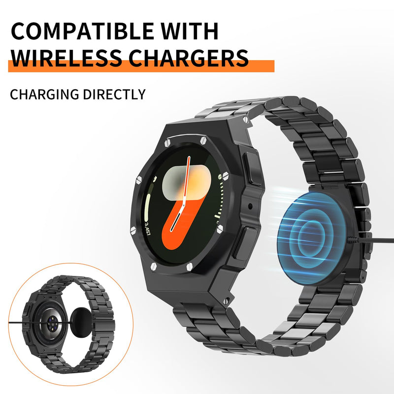 Luxury Case with Band Designed for Samsung Galaxy Watch 7 44mm 2024, Rugged Military Protective Metal Bumper Cover with Tactical Stainless Steel Strap for Men Black