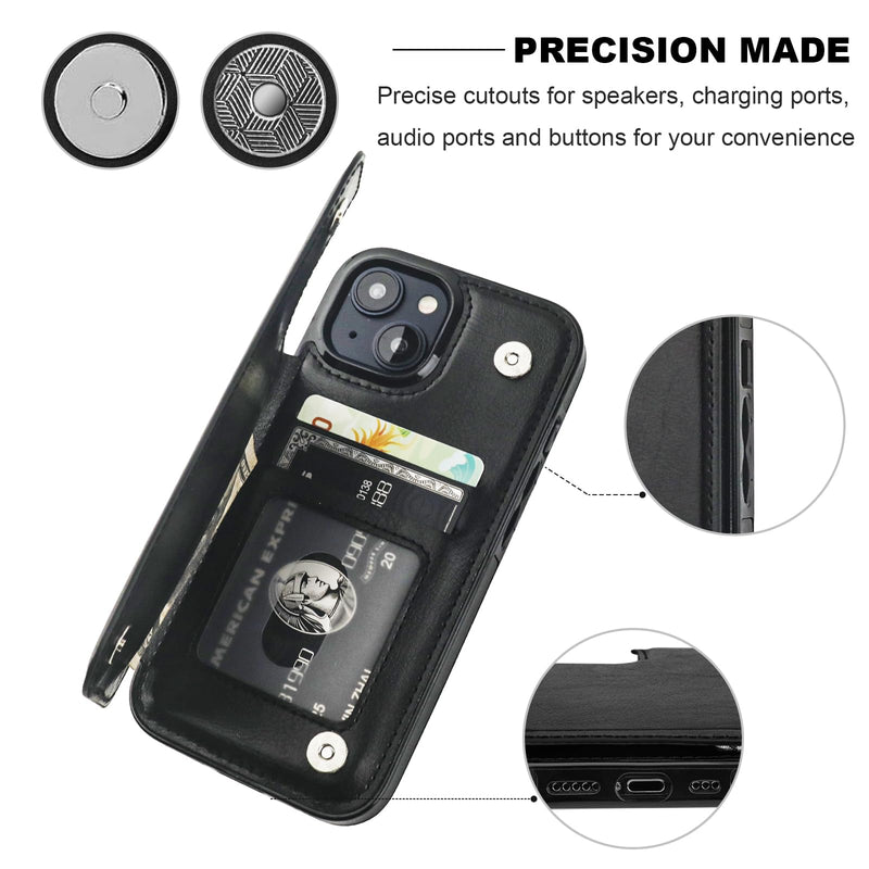 Compatible with iPhone 15 Wallet Case with Card Holder, PU Leather Kickstand Card Slots Case, Double Magnetic Clasp and Durable Shockproof Cover 6.1 Inch (Black) Black