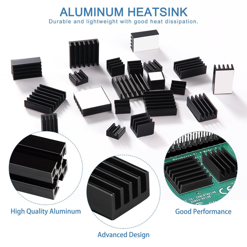 VooGenzek 20 Pieces Cooling Fins Aluminium Set Raspberry Pi 4, Raspberry Pi Aluminium Heatsink with Heat Conducting Tape, for Cooling Raspberry Pi, Black