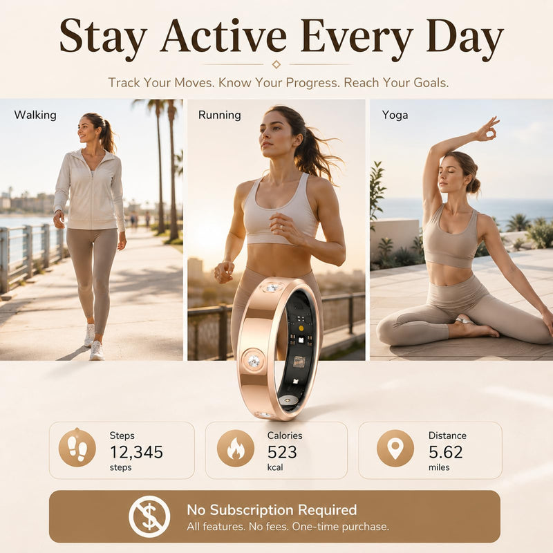 Ladies Smart Ring for Women Health Ring Heart Rate Monitor Sleep Tracker Fitness Tracker Calories Step Counter Pedometer Gesture Control Waterproof Compatible with iOS Android Phones Elegant Ring Elegant Diamond-Studded Ring-Champagne gold