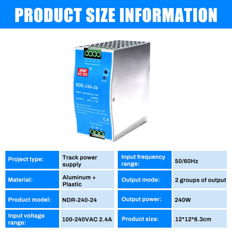 [AUSTRALIA] - 240W DIN Rail Power Supply 24V DIN Rail Switching Power Supply Input AC 100-220V 2.4A Output DC 24V 10A Multiple Protection Functions Industrial Model NDR-240W-24V 240W-10A 