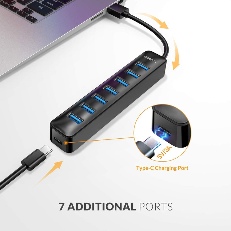 iDsonix USB Hub 3.0, 7-Port 5V / 3A Powered USB Hub, 5Gbps HighSpeed Data Transmission USB Splitter for Laptop, iMac, Surface Pro, XPS, USB Flash Drives, Mobile HDD, Printer, Camera, and More -Black BLACK