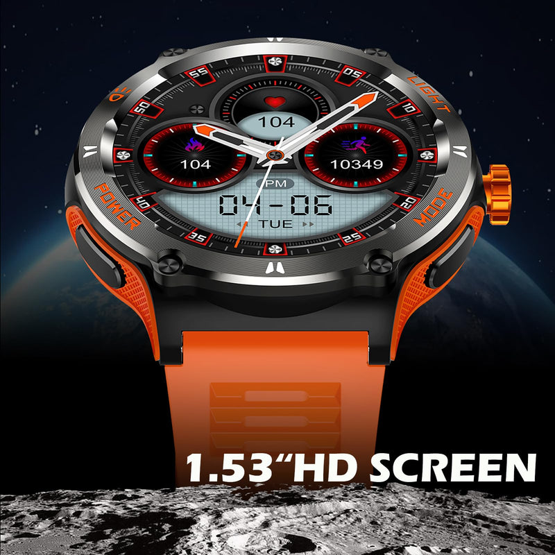 Smart Watch with Compass and Flashlight, Military Activity Tracker for Android iOS（Bluetooth Call Answer/Dial Calls） Rugged Smartwatch AI Voice Assistant/Heart Rate/Blood Pressure Orange